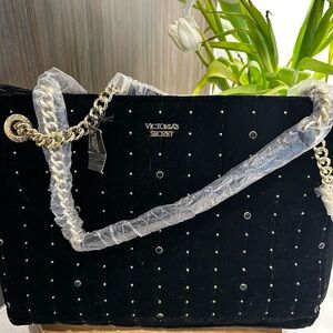 Victoria's Secret Black and Gold Tote Bag with Quilted Fabric and Gold Hardware